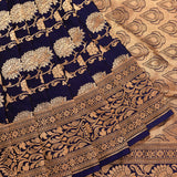 Navy Blue And Gold Zari All Over Floral Jaal Pure Silk Banarasi Saree With Paisley Pallu And Heavy Zari Border