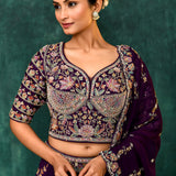 Dark Purple Georgette Floral Embroidered Lehenga Set