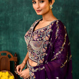 Dark Purple Georgette Floral Embroidered Lehenga Set