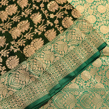 Bottle Green Gold Zari Floral Jaal Pure Silk Banarasi Saree With Heavy Woven Border
