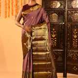 Elegant Mauve With Gold Zari Woven Pallu And Maroon Border Kanjivaram Silk Saree