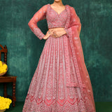 Coral Pink Net Floral Embroidered Lehenga Set