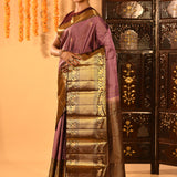 Elegant Mauve With Gold Zari Woven Pallu And Maroon Border Kanjivaram Silk Saree