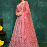Coral Pink Net Floral Embroidered Lehenga Set