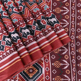 Red Silk Cotton Patola Inspired Printed Saree With Multicolour Geometric Floral & Elephant Border