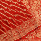 Red Gold Zari Diagonal Stripe Floral Jaal Pure Silk Banarasi Saree With Heavy Zari Border