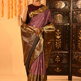 Elegant Mauve With Gold Zari Woven Pallu And Maroon Border Kanjivaram Silk Saree