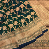 Teal Green And Gold Zari All Over Floral Jaal Pure Silk Banarasi Saree With Gold Checks Pallu And Heavy Zari Border