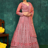 Coral Pink Net Floral Embroidered Lehenga Set