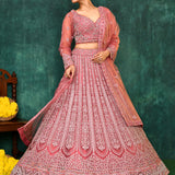 Coral Pink Net Floral Embroidered Lehenga Set