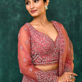 Coral Pink Net Floral Embroidered Lehenga Set