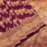 Wine Burgundy Gold Zari All Over Floral Jaal Pure Silk Banarasi Saree With Heavy Zari Border