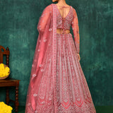 Coral Pink Net Floral Embroidered Lehenga Set