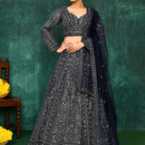 Navy Blue Georgette Embroidered Lehenga Set