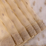 Cream Beige Organza Saree With Self Tone Gold Thread Floral Butti & Heavy Zardozi Sequin Border