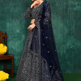 Navy Blue Georgette Embroidered Lehenga Set
