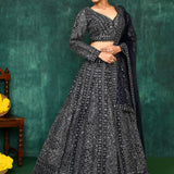 Navy Blue Georgette Embroidered Lehenga Set