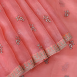 Coral Peach Organza Saree With Multicolour Thread Floral Butti & Gold Zardozi Sequin Border