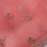 Coral Peach Organza Saree With Multicolour Thread Floral Butti & Gold Zardozi Sequin Border
