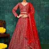 Rose Red Georgette Embroidered Lehenga Set
