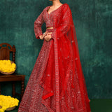 Rose Red Georgette Embroidered Lehenga Set