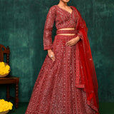 Rose Red Georgette Embroidered Lehenga Set