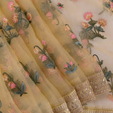 Gold Kanjivaram Saree With Lotus Floral Embroidery And Mirror Work Border