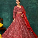 Rose Red Georgette Embroidered Lehenga Set