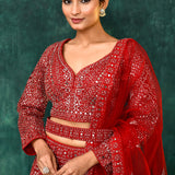 Rose Red Georgette Embroidered Lehenga Set
