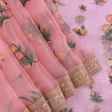 Pink Kanjivaram Saree With All-Over Floral Thread Embroidery And Gold Mirror Border
