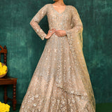Golden Beige Net Embroidered Traditional Gown Set