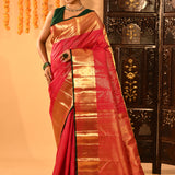 Red With Gold Zari Vertical Stripes And Green Piping Kanjivaram Silk Saree