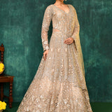 Golden Beige Net Embroidered Traditional Gown Set