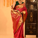 Red With Gold Zari Vertical Stripes And Green Piping Kanjivaram Silk Saree