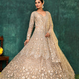 Golden Beige Net Embroidered Traditional Gown Set