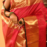 Red With Gold Zari Vertical Stripes And Green Piping Kanjivaram Silk Saree