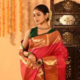 Red With Gold Zari Vertical Stripes And Green Piping Kanjivaram Silk Saree