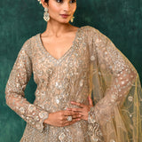 Golden Beige Net Embroidered Traditional Gown Set