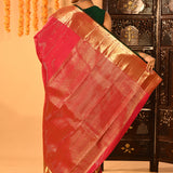 Red With Gold Zari Vertical Stripes And Green Piping Kanjivaram Silk Saree