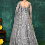 Ash Grey Net Embroidered Traditional Gown Set