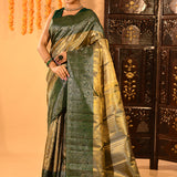 Olive Green With Gold Zari Weave And Paisley Border Kanjivaram Silk Saree