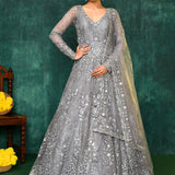 Ash Grey Net Embroidered Traditional Gown Set