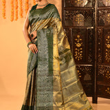 Olive Green With Gold Zari Weave And Paisley Border Kanjivaram Silk Saree