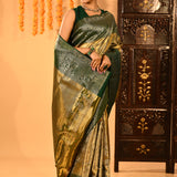 Olive Green With Gold Zari Weave And Paisley Border Kanjivaram Silk Saree