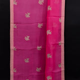 Rani Pink Organza Saree With Gold Embroidered Floral Booti And Ribbon Border
