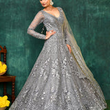 Ash Grey Net Embroidered Traditional Gown Set