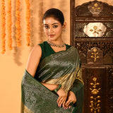 Olive Green With Gold Zari Weave And Paisley Border Kanjivaram Silk Saree
