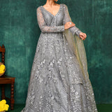 Ash Grey Net Embroidered Traditional Gown Set