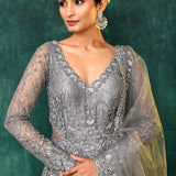Ash Grey Net Embroidered Traditional Gown Set