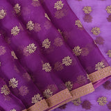 Purple Organza Saree With Gold Embroidered Floral Booti And Ribbon Border
